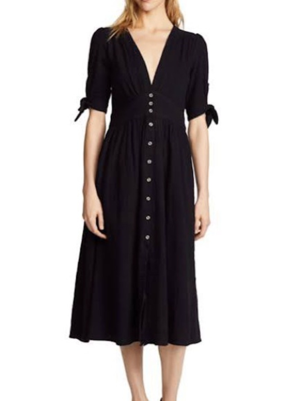 Free People Black Button-Front Midi Dress with Tie Sleeves